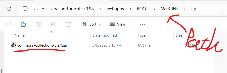 图三展示了下载commons-collections-3.2.1.jar并将该jar包放入webapps\ROOT\WEB-INF\lib目录下