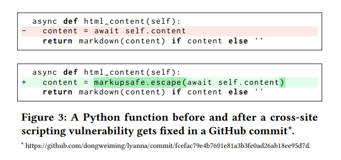 Figure 3: A Python function before and after a cross-site scripting vulnerability gets fixed in a GitHub commit*.